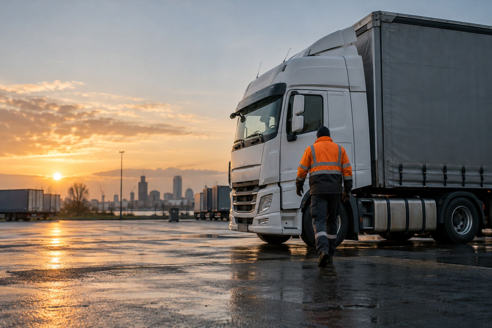 Sfeerbeeld: chauffeur in oranje werkjas loopt bij zonsopkomst naar een trekker met oplegger op een transportterrein bij Amsterdam