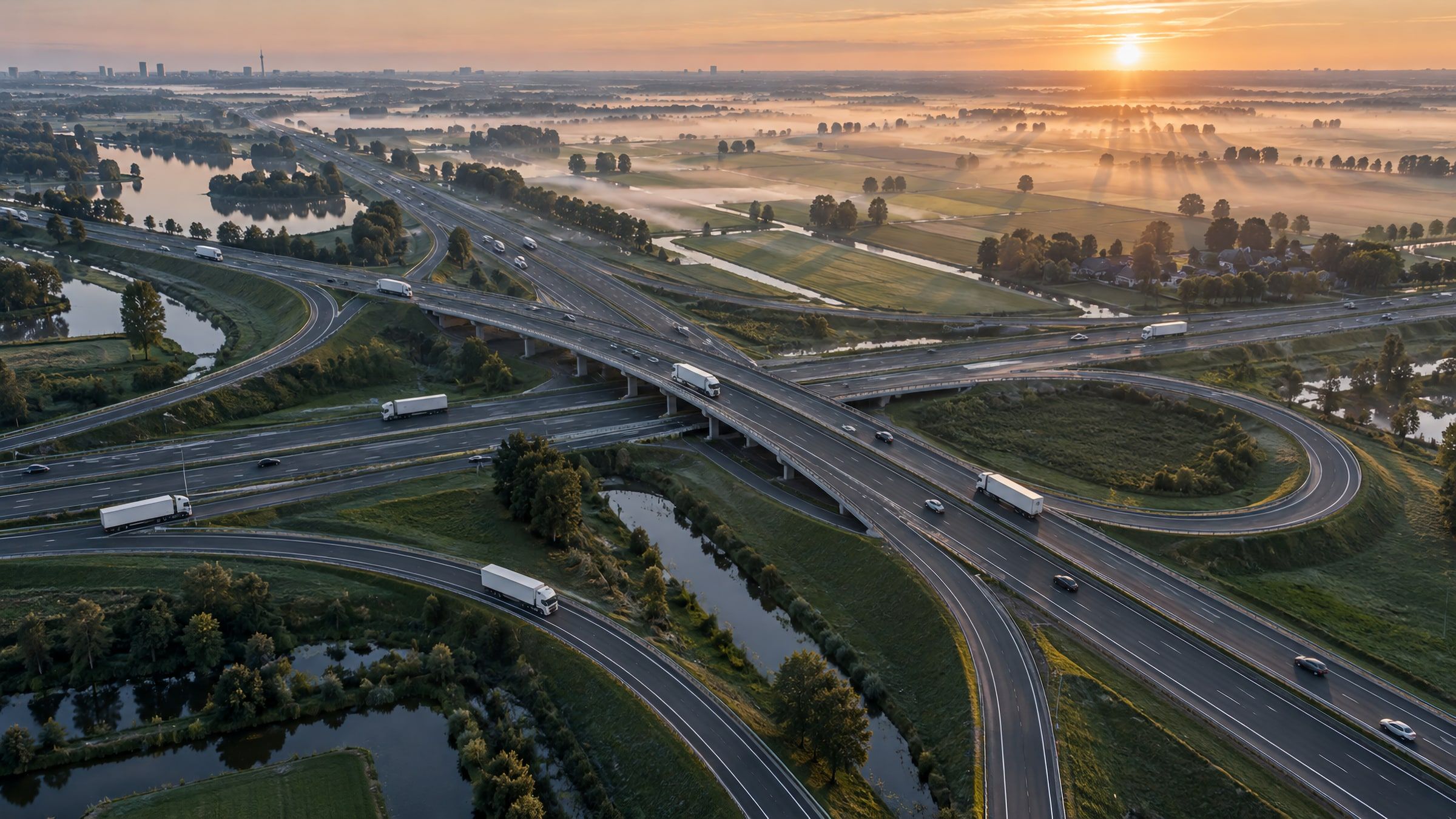 Sfeerbeeld: luchtfoto van een snelwegknooppunt bij Amsterdam met vrachtwagens bij zonsopkomst